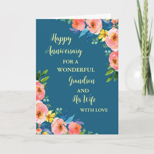 Floral Grandson and His Wife Anniversary Card (Front)