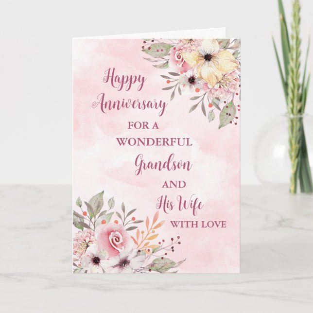 Floral Grandson and his Wife Wedding Anniversary Card (Front)