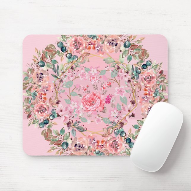 Floral Graphic Art, Pink Floral Wreath Mouse Mat (With Mouse)
