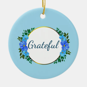 Floral Grateful typography Blue Zinnia Ceramic Tree Decoration