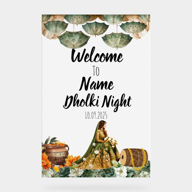 Floral green acrylic Dholki night sign  (Front)