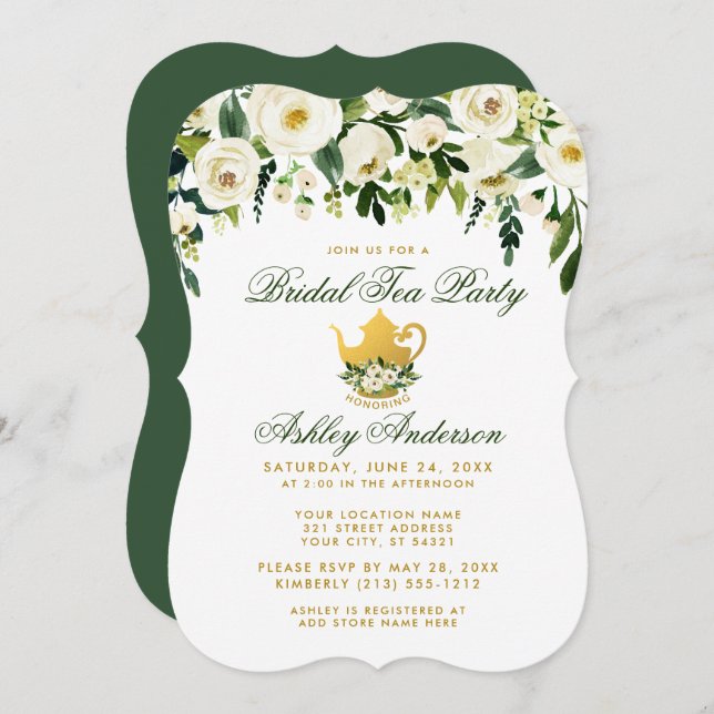Floral Green and Gold Bridal Tea Party Invite GB (Front/Back)