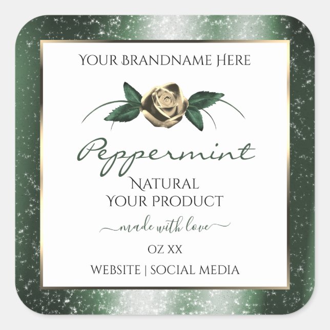 Floral Green and Gold Frame White Product Labels (Front)