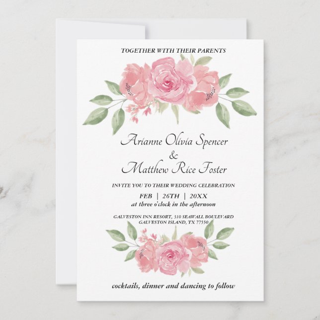 Floral, green and pink on white background invitat invitation (Front)