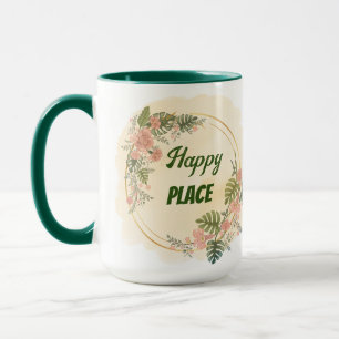 Floral, green and yellow happy place, customisable mug