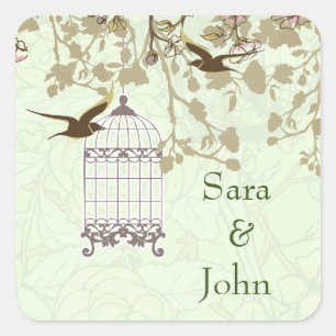 floral green bird cage, love birds envelope seal