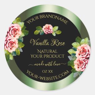 Floral Green Black Gold Product Labels Pink Roses