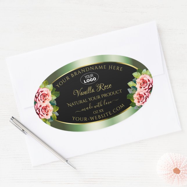 Floral Green Black Product Labels Pink Roses Logo (Envelope)