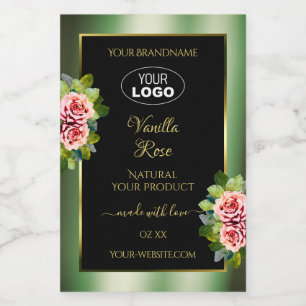Floral Green Black Product Labels Pink Roses Logo