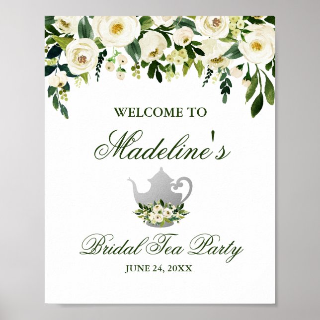 Floral Green Bridal Shower Tea Party Welcome Poster (Front)