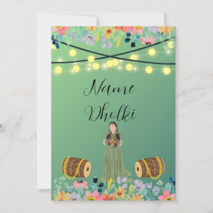 Floral green Dholki night invitation