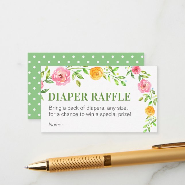 Floral Green Diaper Raffle Ticket Baby Shower Enclosure Card (Front/Back In Situ)