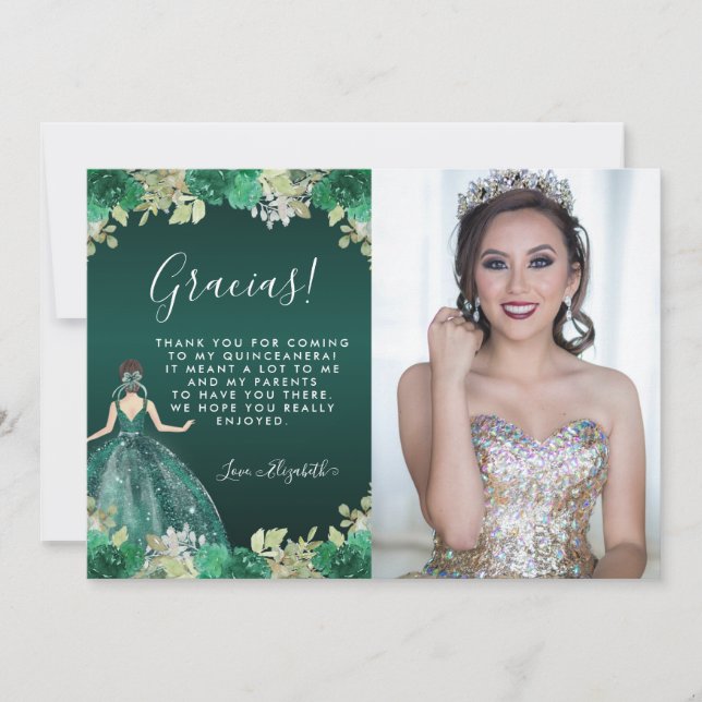 Floral Green Dress Birthday Photo Quinceanera Thank You Card (Front)
