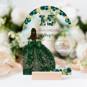 Floral Green Dress Coquette Quinceanera Arch Acrylic Invitations