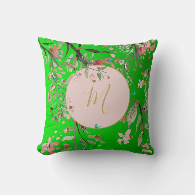 Floral Green Elegant Pink Gold Chinoiserie Cushion (Front)
