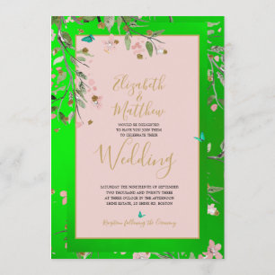 Floral Green Elegant Pink Gold Chinoiserie Wedding Invitation