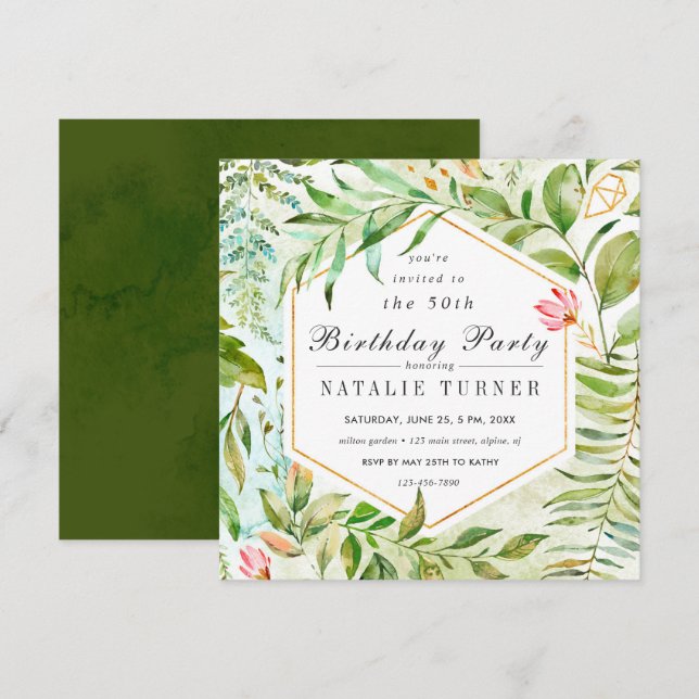 Floral Green Foliage Birthday Party Invitation (Front/Back)