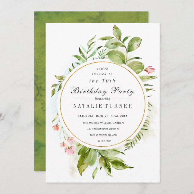 Floral Green Foliage Birthday Party Invitation (Front/Back)