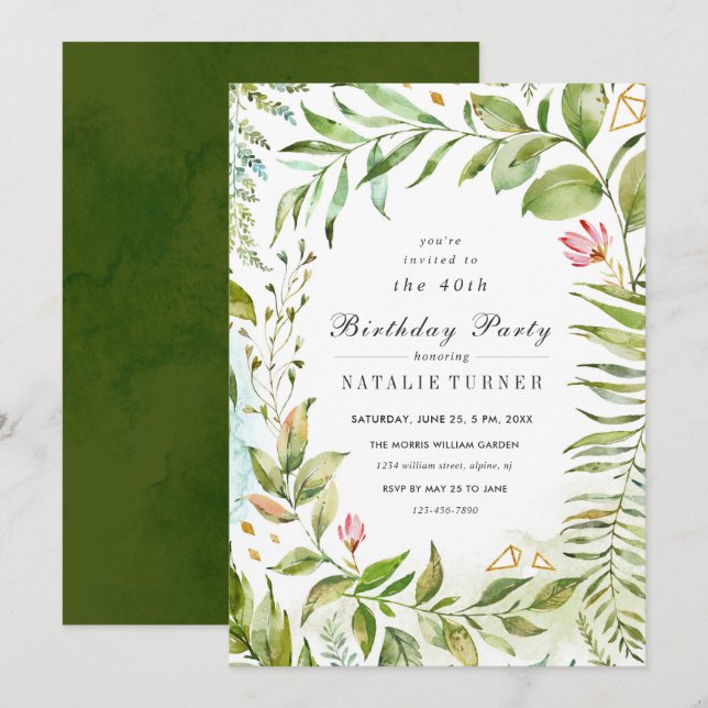 Floral Green Foliage Birthday Party Invitation (Front/Back)