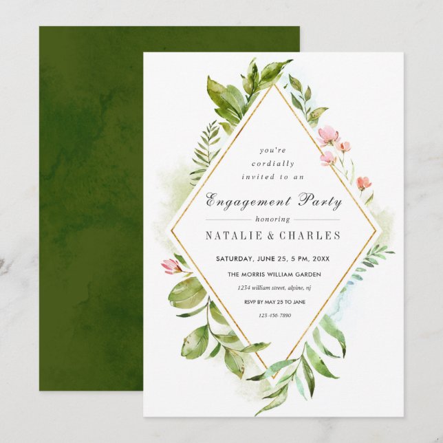 Floral Green Foliage Engagement Party Invitation (Front/Back)