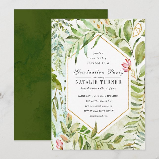 Floral Green Foliage Graduation Party Invitation (Front/Back)