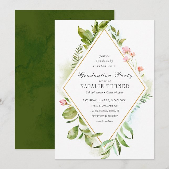 Floral Green Foliage Graduation Party Invitation (Front/Back)