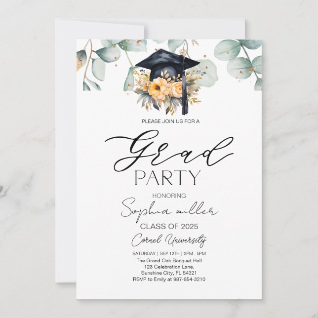Floral Green Foliage Graduation Party  Invitation (Front)