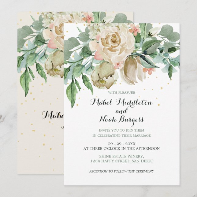 Floral Green Foliage Neutral Colour Elegant Rose Invitation (Front/Back)