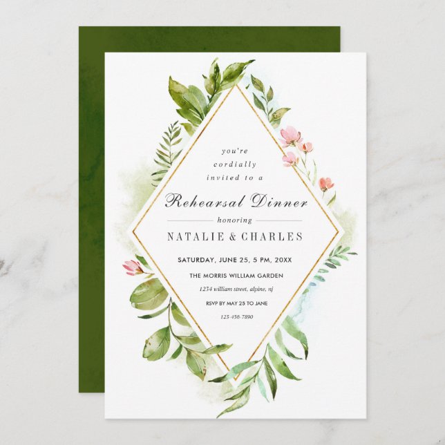 Floral Green Foliage Rehearsal Dinner Invitation (Front/Back)