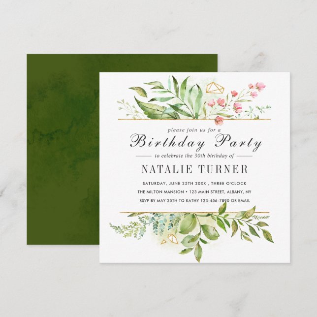 Floral Green Foliage Watercolor Birthday Party Invitation (Front/Back)