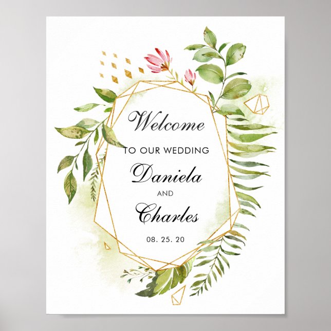 Floral Green Foliage Wedding Welcome Sign (Front)