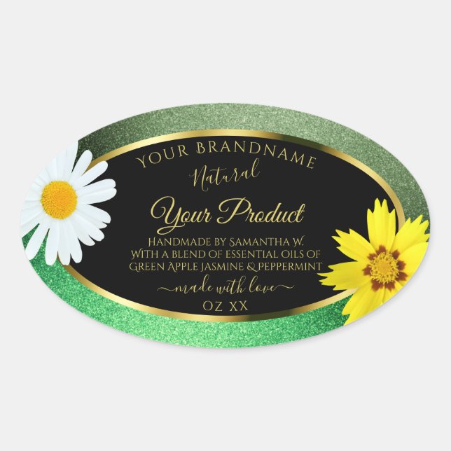 Floral Green Glitter Black and Gold Product Labels (Front)