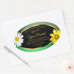 Floral Green Glitter Black and Gold Product Labels
