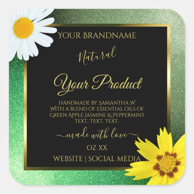 Floral Green Glitter Black and Gold Product Labels (Front)