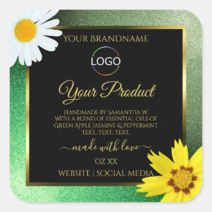 Floral Green Glitter Black Gold Product Label Logo