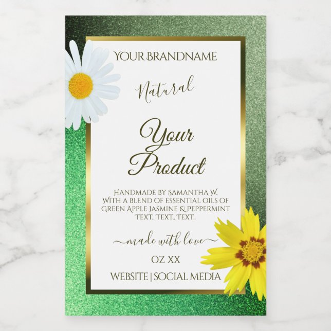 Floral Green Glitter White and Gold Product Labels (Single Label)