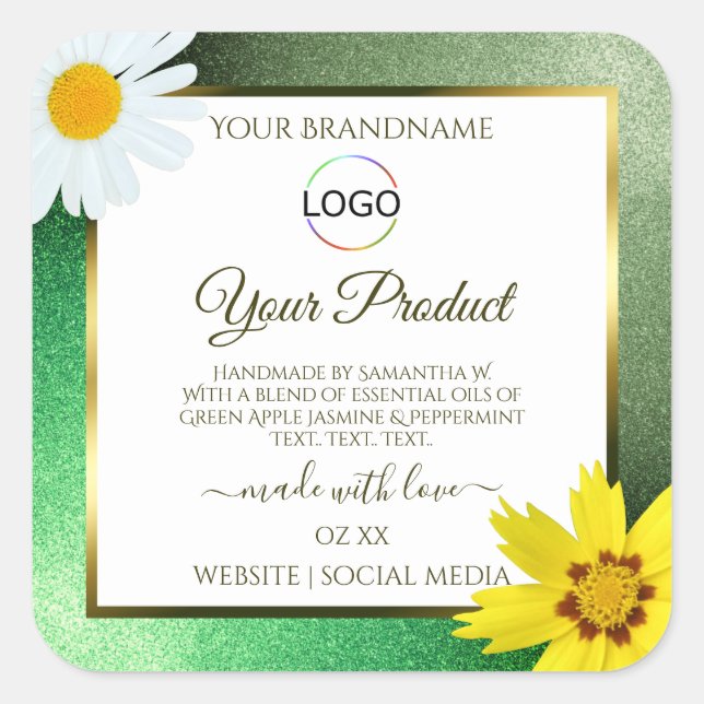 Floral Green Glitter White Gold Product Label Logo (Front)