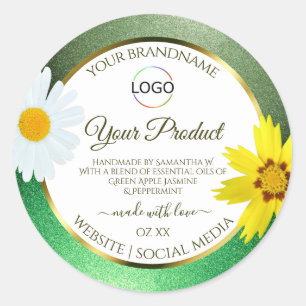 Floral Green Glitter White Gold Product Label Logo
