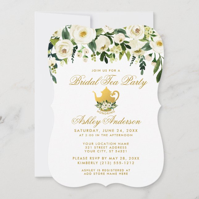 Floral Green Gold Bridal Tea Party Invite (Front)