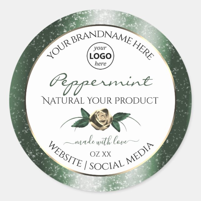 Floral Green Gold Frame White Product Labels Logo (Front)
