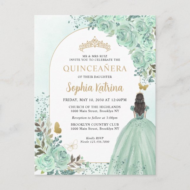 Floral Green Gold Princess Birthday Quinceanera Invitation Postcard (Front)