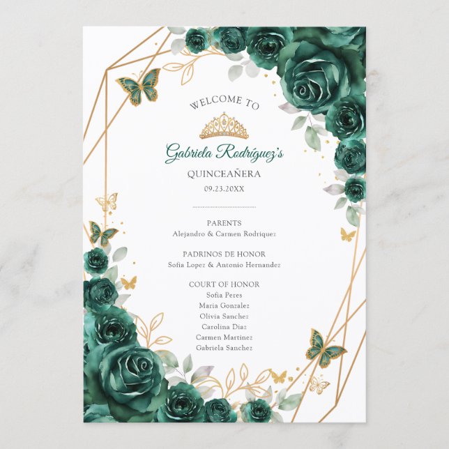 Floral Green Gold Quinceanera Order of Events Programme (Front)