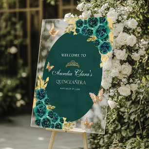 Floral Green Gold Tiara Butterfly Quinceañera Acrylic Sign