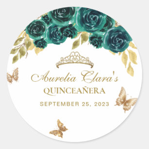 Floral Green Gold Tiara Butterfly Quinceañera Classic Round Sticker