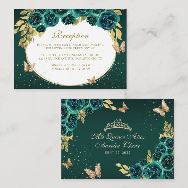 Floral Green Gold Tiara Butterfly Quinceañera Enclosure Card (Front/Back)