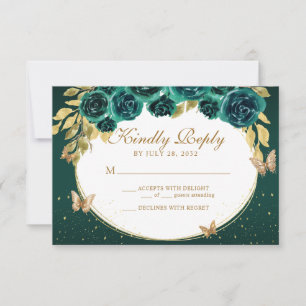 Floral Green Gold Tiara Butterfly Quinceañera RSVP Card