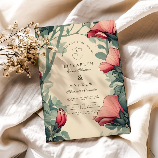 Floral Green Gold Wedding Art Nouveau Invitation (Creator Uploaded)