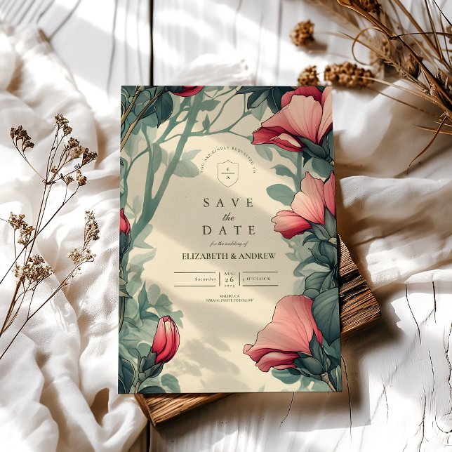 Floral Green Gold Wedding Art Nouveau Save The Date (Creator Uploaded)