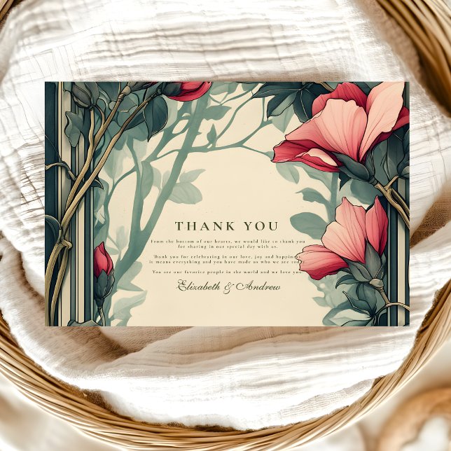 Floral Green Gold Wedding Art Nouveau Thank You Card (Creator Uploaded)