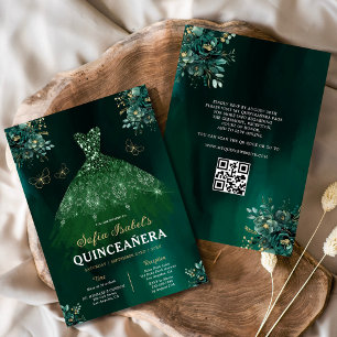 Floral Green Gown Dress QR Code Quinceanera Invitation